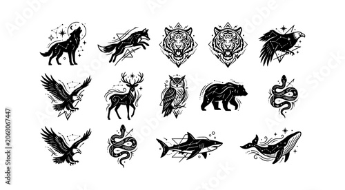 Collection of black ink splatter animal silhouettes including wolf eagle deer bear shark and snake for creative design projects and logos