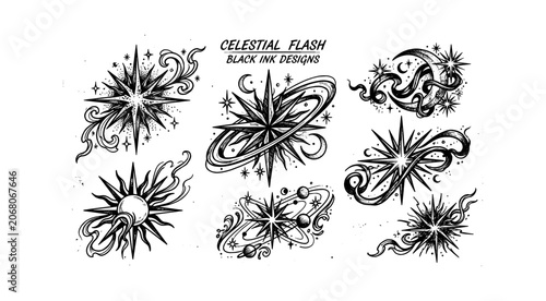 Set of hand drawn star sparkles and doodle light burst explosion shapes for decorative design elements and graphic illustration assets