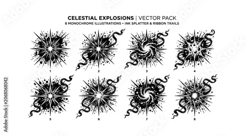 Set of eight hand drawn celestial astrological zodiac symbols and sun burst elements in a vintage ink sketch style for mystical design projects