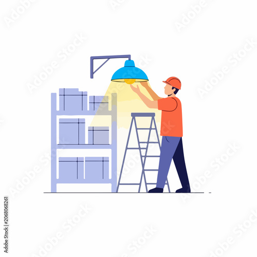 Electrician changing a lightbulb in a warehouse. Worker on a stepladder in a storage room. Flat design vector illustration