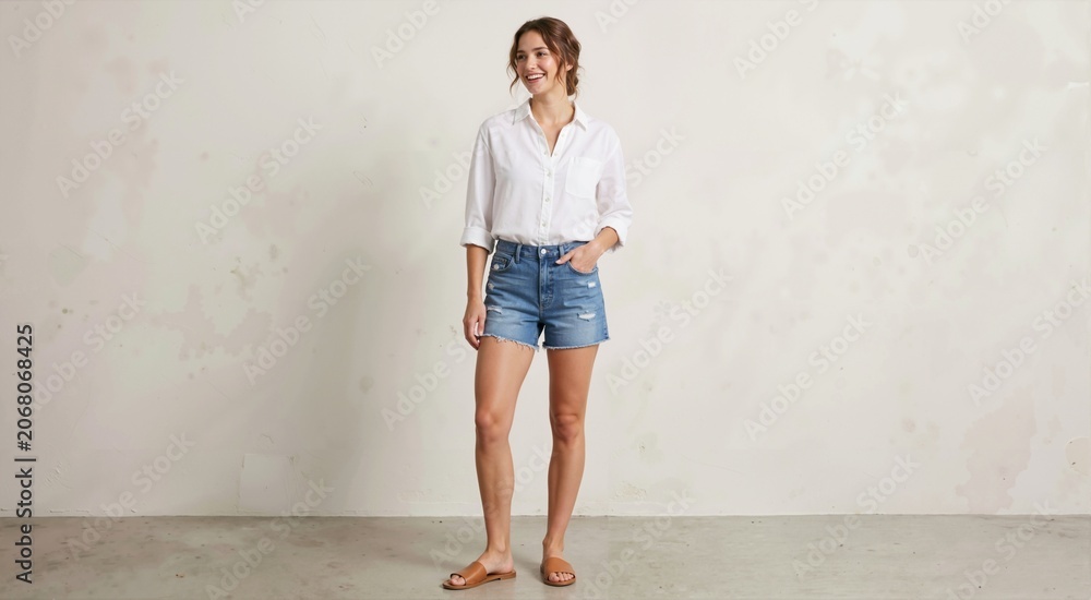 Fototapeta premium Young woman modeling casual summer fashion. Standing in distressed blue denim shorts and a white button down shirt. Full length studio portrait against a white wall