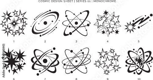Set of ten black and white science and space icons featuring atoms galaxies stars and cosmic explosions in a simple hand drawn sketch style