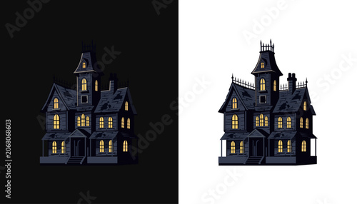 A spooky haunted house with lit windows on a white background vector.