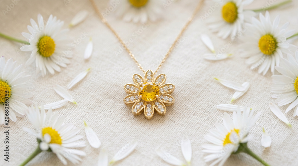 Obraz premium Gold Pendant, Daisy Shape, Yellow Gemstone, Diamonds, Fresh White Flowers on Textured Fabric