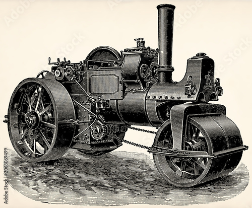Steam road roller. Antique stylized illustration.