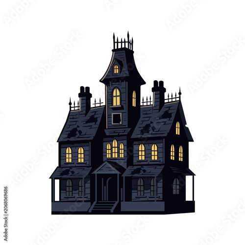 A spooky haunted house with lit windows on a white background vector.