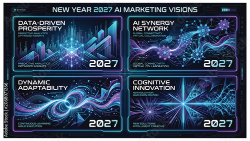 Ai marketing visions and cognitive innovation infographic 2027 with marketing innovation cognitive prosperity connectivity collaboration technology intelligence adaptability abstract