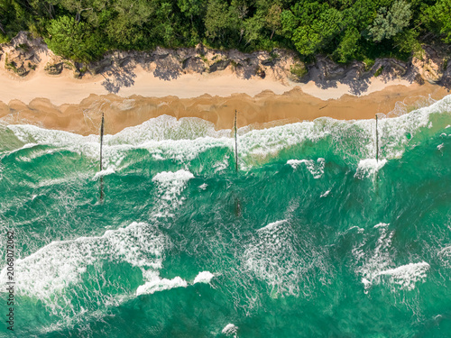 Aerial view of stormy waves on Baltic sea in summer.