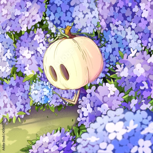 Fényképezés White pumpkin among hydrangeas, On the occasion of the arrival of spring full of