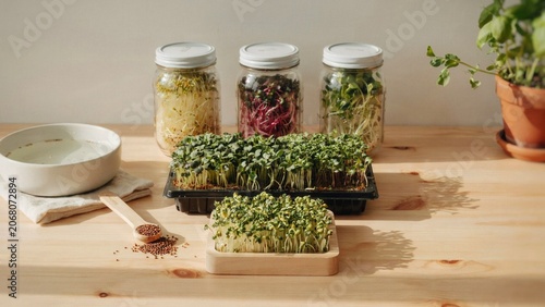 Microgreens occupy a wooden base and black tray beside three glass jars of sprouts on a light wooden table.