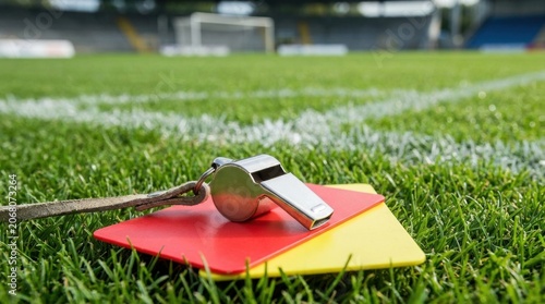 A shiny silver referee whistle resting on red and yellow penalty cards
