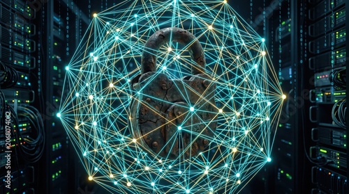 Padlock encased in a glowing geometric network of blue and gold nodes represents robust cybersecurity within a massive server farm.