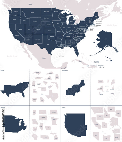 detailed color vector map of the United States of America with administrative divisions, each region of the USA is presented separately in high detail and divided into states