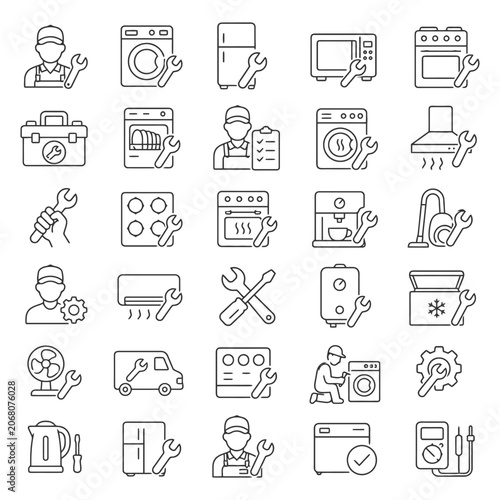 Line icons of household appliance repair with tools and technicians.
