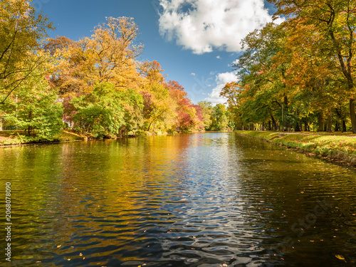 Aerial view of Bydgoszcz canal in sunny and colorful autumn.