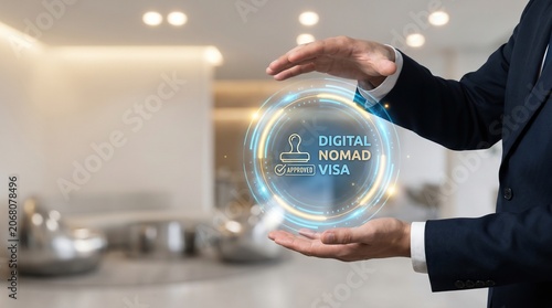 Digital nomad visa approval hologram interface with businessman hands interacting with glowing confirmation stamp and verification checkmark in a minimalist luxury corporate technology environment