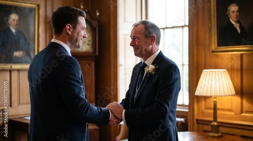 A groom and his father share a firm handshake filled with emotion and pride moments before the ceremony begins.