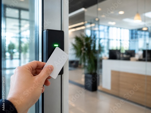Caucasian adult hand using RFID access card on electronic security reader for office entry control system
