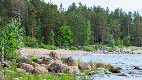 Fotografía Scenic Baltic sea coast with big granite boulders and pine forest in province of Oulu, Finland