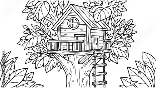 Line art coloring page of a treehouse nestled in branches with a wooden ladder and balcony