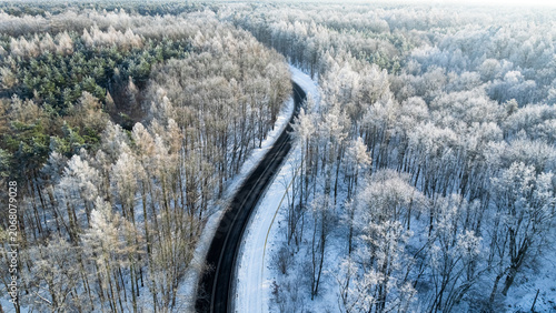 Winter asphalt road and frozen forest with rime, Poland.