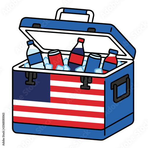 Patriotic cooler filled with cold drinks and ice for a summer picnic or outdoor gathering.