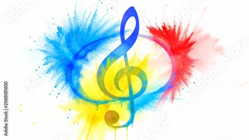 Blue watercolor splash surrounds a musical treble clef. Colors burst outward in vivid hues