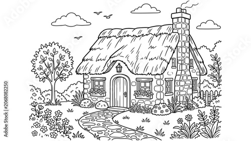 A traditional thatched roof stone cottage with a chimney in a blooming garden