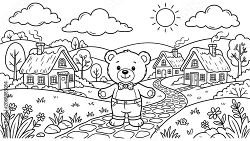Coloring page of a cartoon bear standing on a stone path in a village with small houses