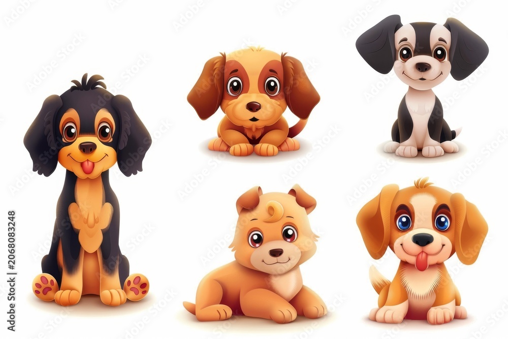 Obraz premium Cute funny cartoon dogs, 3d realistic puppy pet pictogram, dogs set on white background
