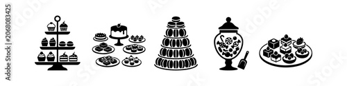 Fotografija Silhouette icons of dessert displays including cupcake stands, cakes, macarons, candy jars, and pastries
