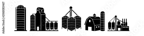 Bild auf Leinwand Black silhouette icons of agricultural grain silos, farm storage buildings, and industrial elevator structures isolated on white