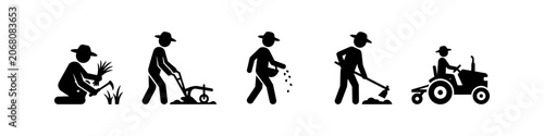 Φωτογραφία Agricultural process icons showing a farmer harvesting, plowing, sowing seeds, and driving a tractor