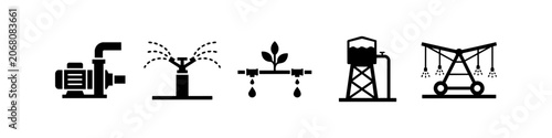 Konstfotografi A set of black vector icons representing various agricultural irrigation systems, including water pumps, sprinklers, drip lines, storage tanks, and industrial pivot machinery