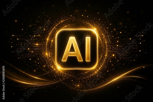 Golden AI Technology Icon with Glowing Digital Network on Dark Background
