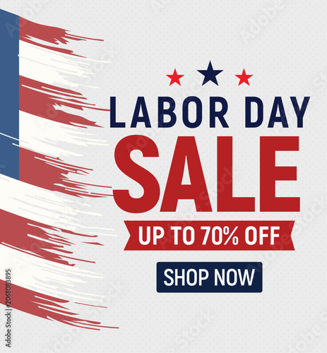 Labor Day Sale promotional banner with American flag brush stroke, patriotic holiday discount poster with 70 percent off text, red white and blue vector