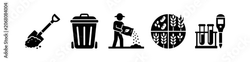 Slika na platnu Set of black and white agricultural and gardening icons featuring a shovel, waste bin, farmer sowing seeds, crop rotation diagram, and laboratory soil testing equipment