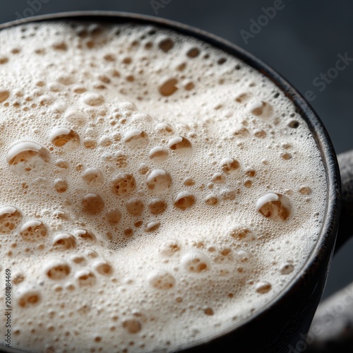 Creamy Beer Foam Close-Up in Dark Mug, Overhead Angled View