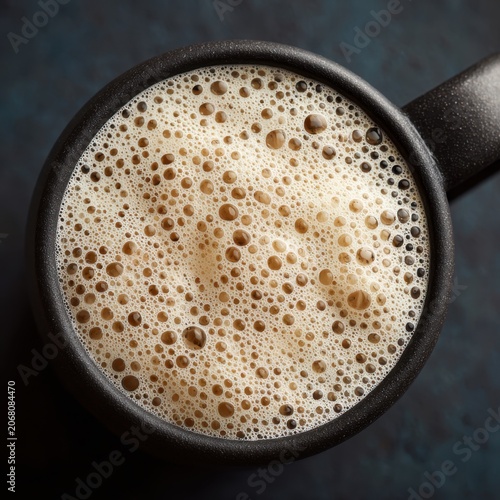 Overhead Close-Up of Creamy Beer Foam in Dark Mug with Bubble Texture