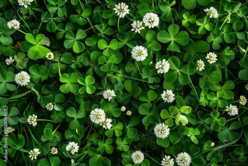 Meadow with White Clover Flowers Top View, Generative AI Illustration