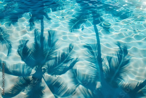 Palm tree shadows on blue water background, palm branch on beach pattern, ocean wave sunlight palm shadow