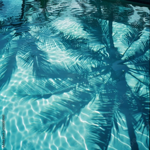 Palm tree shadows on blue water background, palm branch on beach pattern, lagoon, coral sand, paradise