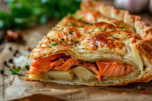 Pie Stuffed with Salmon, Potato and Cheese Close Up, Generative AI Illustration