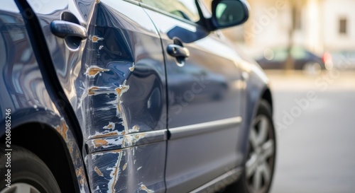 Close up of a blue car with a dented side door and deep scratches. Vehicle damage from a traffic accident. Auto insurance claim and car repair concept