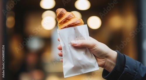 Close up of a hand holding a fresh golden croissant in a paper sleeve. Delicious french pastry with warm bokeh background. Takeaway breakfast concept