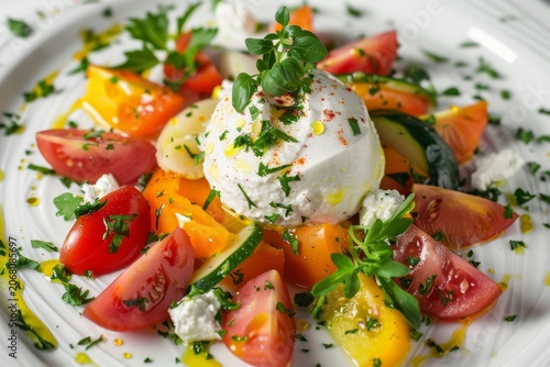 Salad of fresh vegetables, ricotta cheese, generative ai illustration