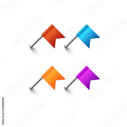 Set of four colorful flag pins in red, blue, orange, and purple colors with metallic silver shafts and soft... isolated on a transparent background
