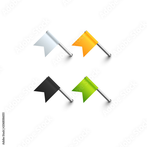 Set of four colorful triangular flag pins in white, orange, black, and green colors for map marking and... isolated on a transparent background