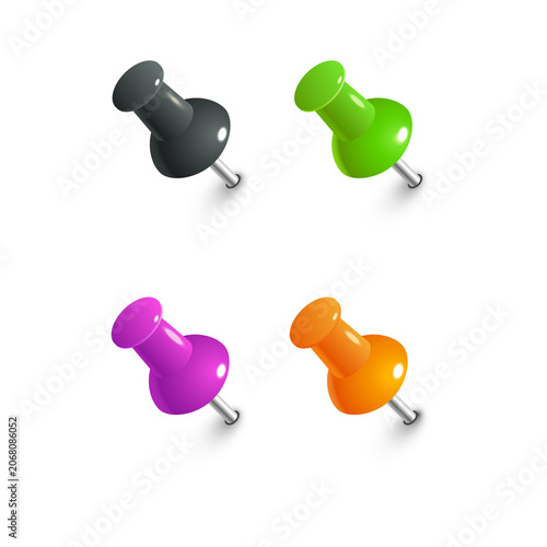 Set of four colorful plastic push pins in black, green, purple, and orange colors for office bulletin boards isolated on a transparent background