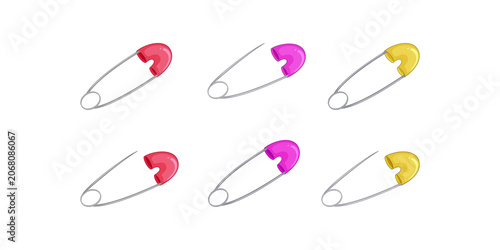 Set of six colorful metal safety pins with red, pink, and yellow plastic clasps arranged in two rows isolated on a transparent background
